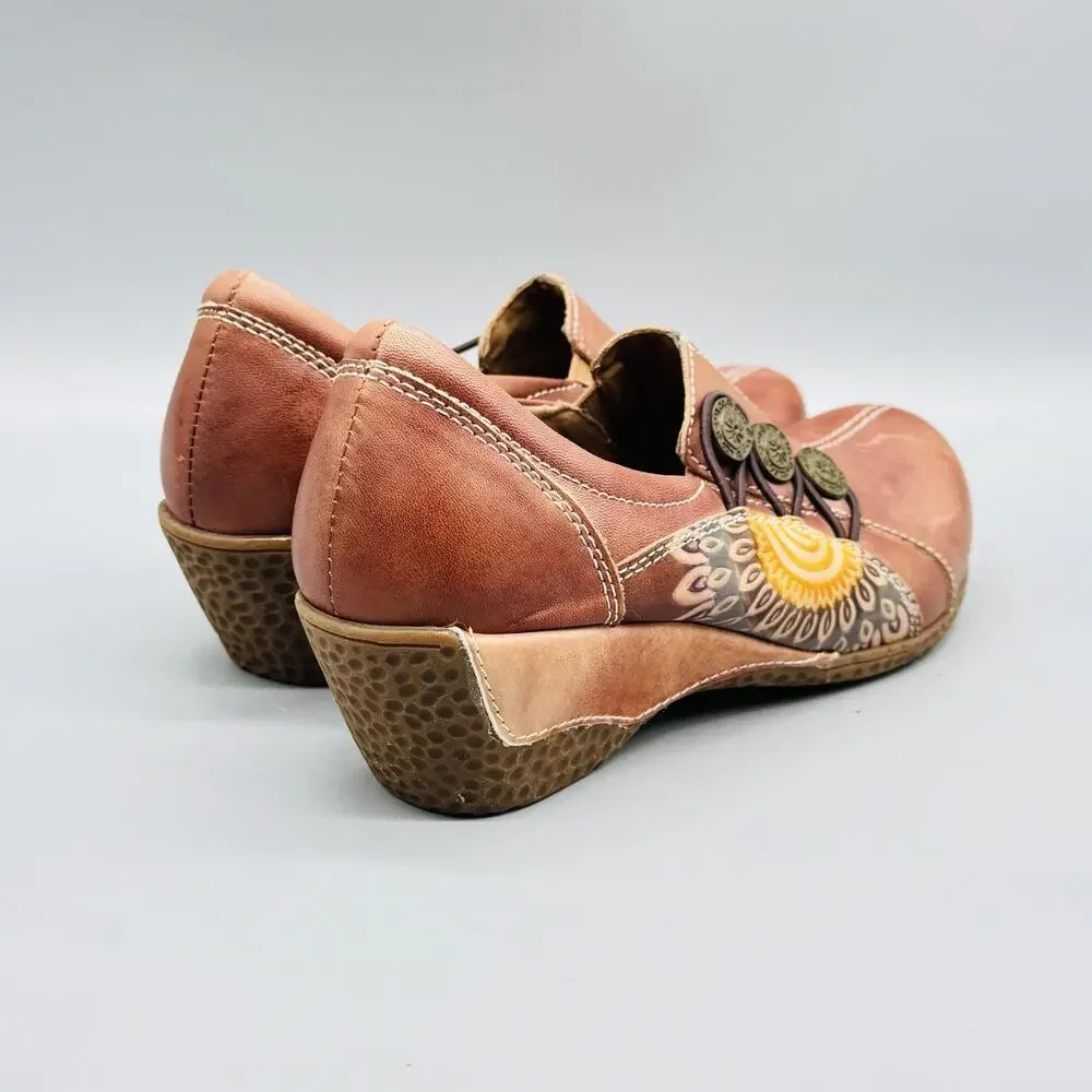 Spring Step L'Artiste Shoes Womens 5 Brown Leather Wedge Clogs Slip On Comfort